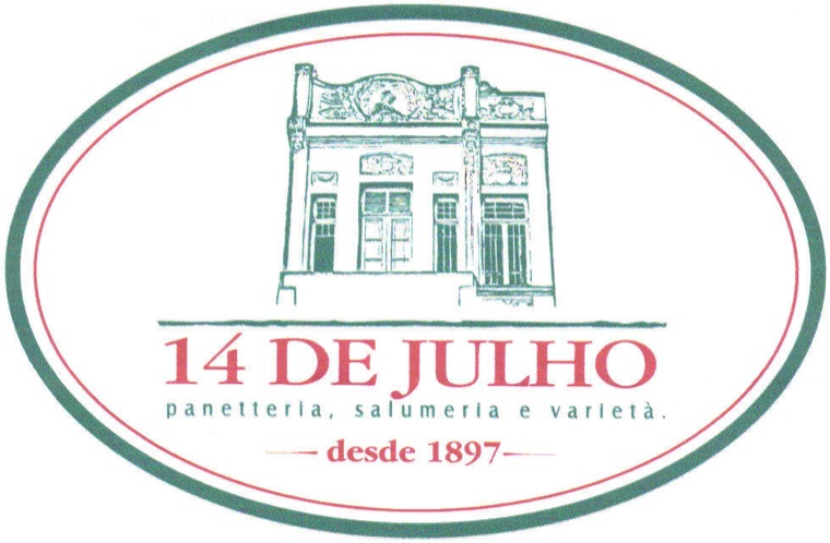 Marca atual da 14 de Julho: oval com a fachada do prédio desenhada em traço, o nome em serifa vermelha e a linha panetteria, salumeria e varietà.